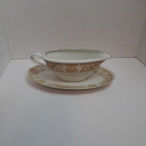 Wallace Heritage Daphne Gravy Boat Drip Plate White Brown Floral Gold Gilt Trim